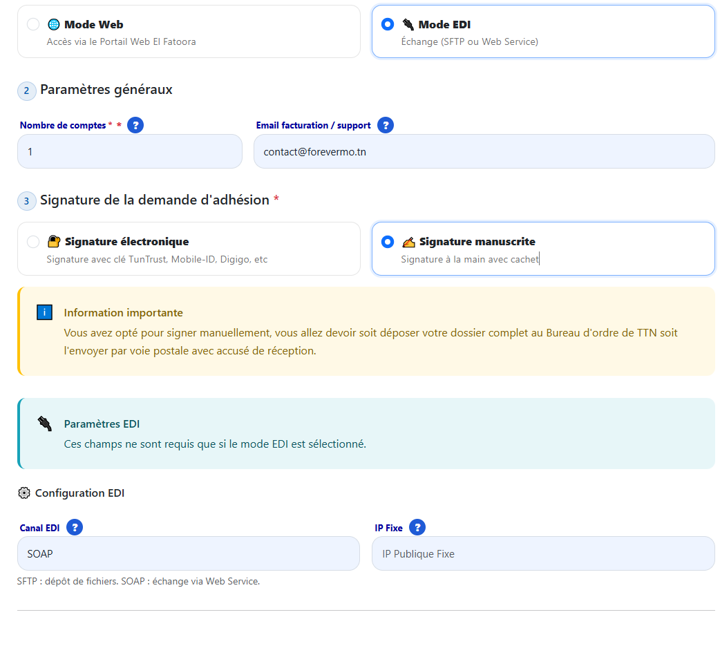 Configuration Mode EDI et Canal SOAP sur la plateforme adhesion.elfatoora.tn