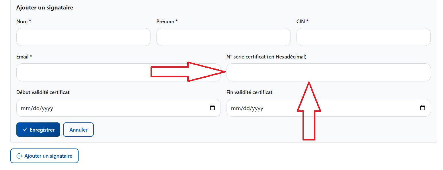 Formulaire Ajouter un signataire sur adhesion.elfatoora.tn : le champ N degré série certificat en hexadécimal est indiqué en rouge